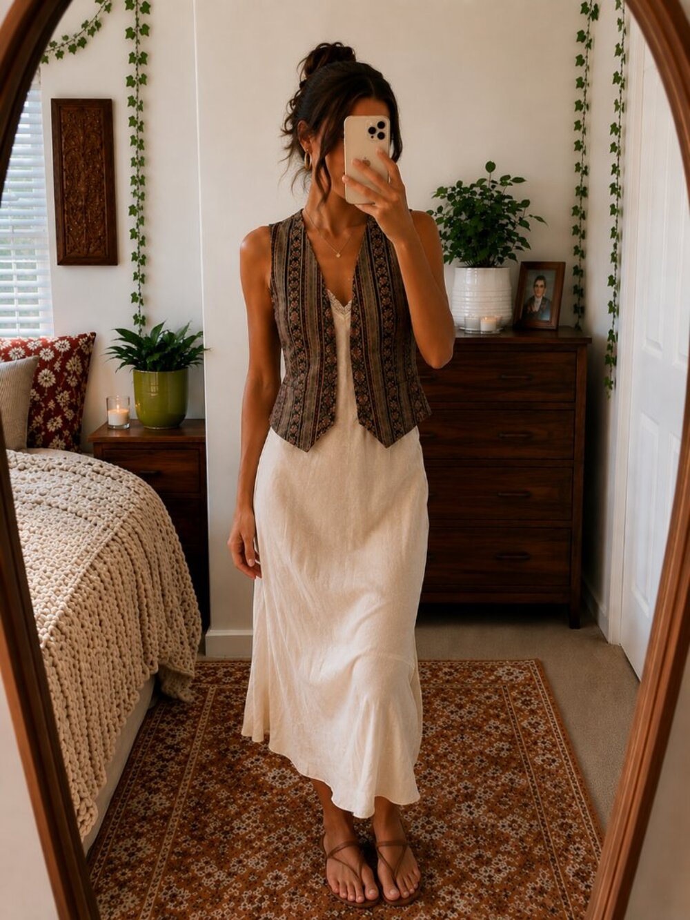 Vintage Liz Sport Petite Tapestry Boho Vest Floral Stripe 2P
